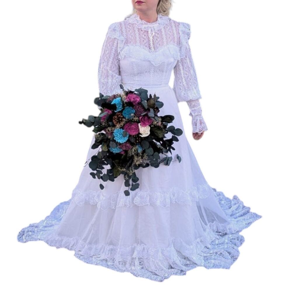 Vintage 70s Victorian Wedding Dress Bridgerton Lace High Neck Illusion Neckline - Picture 2 of 14